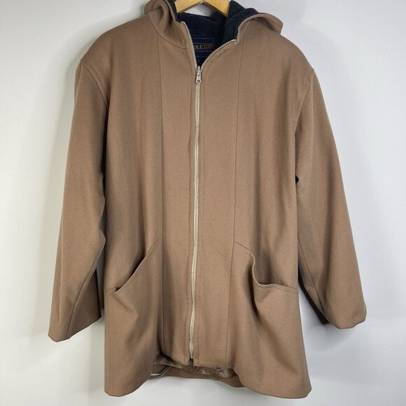 VTG Pendleton Women's Size 8 Tan Wool Full Zip Hooded Coat Classic Minimalist - Picture 1 of 13